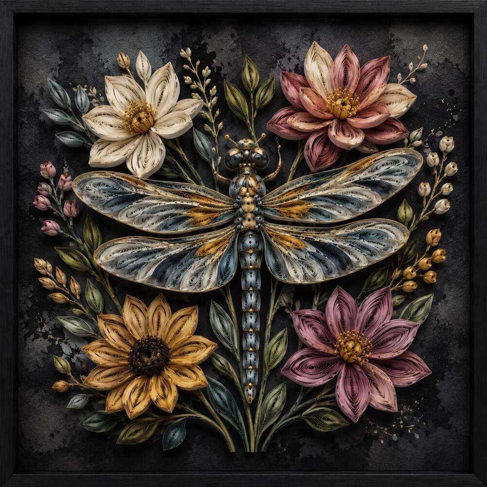 8 X 8 Black Framed Dragonfly Floral Cdb 8
